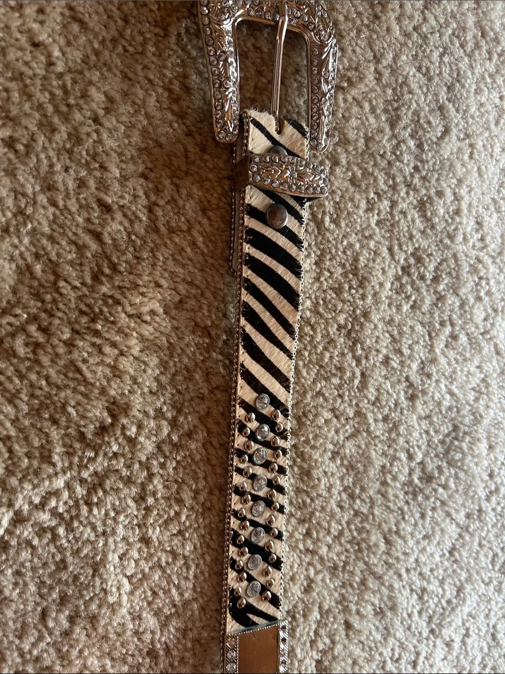 Stony Mound Black and White Zebra Haircalf Crystal-Studded Belt